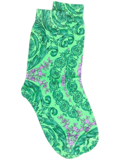 Shop Versace Barocco Print Socks In Green