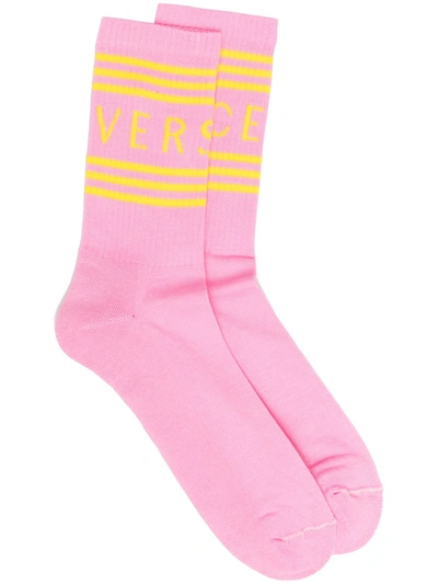 Shop Versace Logo Print Socks In Pink