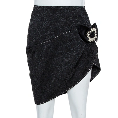 Pre-owned Dolce & Gabbana Black Brocade Crystal Bow Asymmetric Mini Skirt S