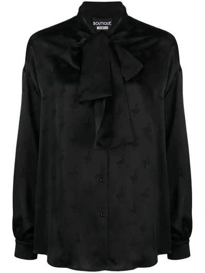 Shop Boutique Moschino Pussy-bow Bird Pattern Blouse In Black