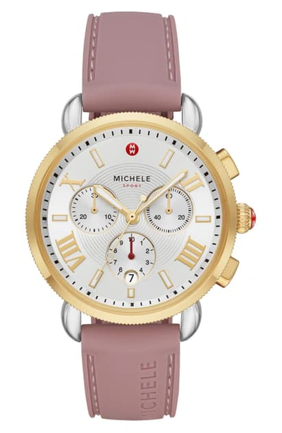 Shop Michele Sport Sail Chronograph Watch Head With Silicone Strap, 38mm In Purple/silv Wht Sunray/gld