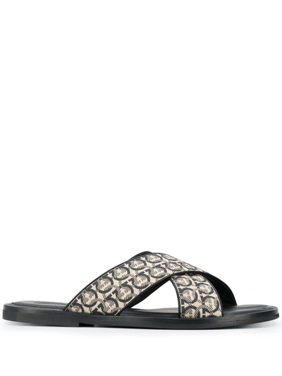 Ferragamo Men's Sion 3 Gancio-print Slides In Beige