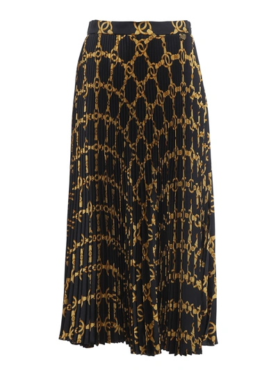 Shop Twinset Pleated Gold Chain Print Skirt In Black