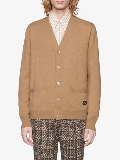 Shop Gucci Logo-embroidered Knitted Cardigan In Brown