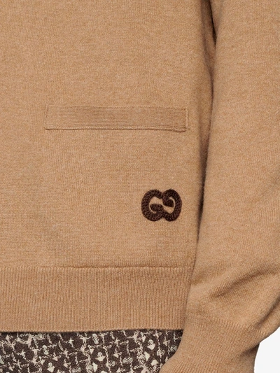 Shop Gucci Logo-embroidered Knitted Cardigan In Brown