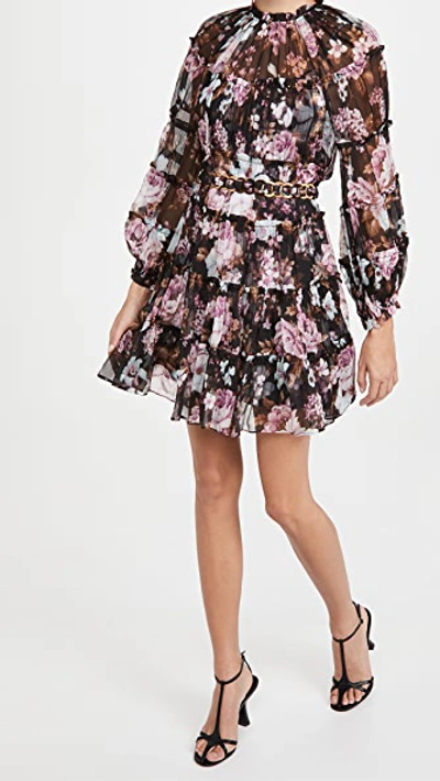 Shop Zimmermann Charm Tiered Mini Dress In Black Floral