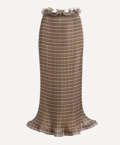 Shop Burberry Runway Check Pleated Skirt In Brown
