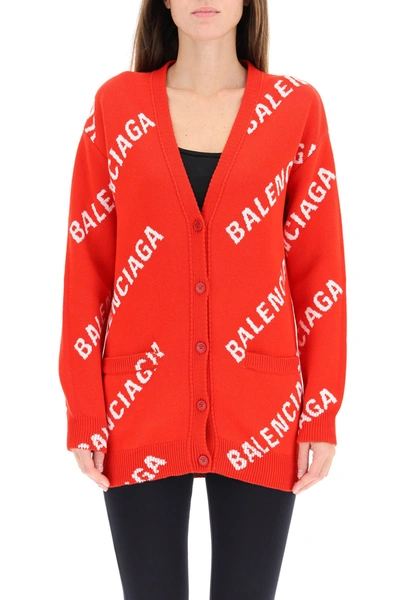 Shop Balenciaga Monogram Logo Cardigan In Red White