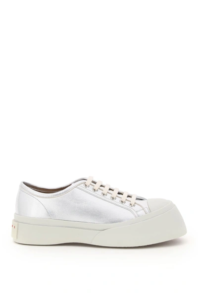 Shop Marni Pablo Laminated Leather Sneakers In Silver