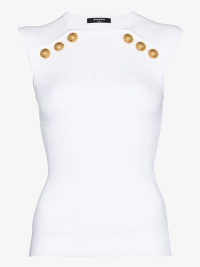 Shop Balmain Sleeveless Ribbed Knit Top In White