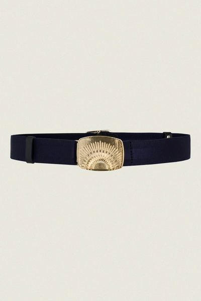 Shop Dorothee Schumacher Belted Statement Stretch Belt With Rising Sun Clip Buckle In Blau