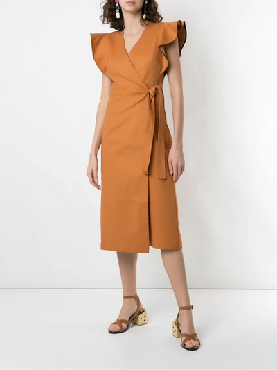 Shop Eva Dalia Ruffled Midi Dress In Brown
