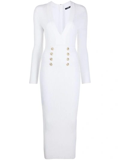 Shop Balmain V-neck Knitted Midi Dress In White