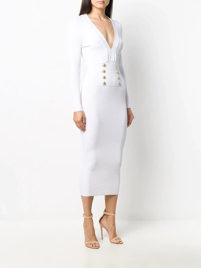 Shop Balmain V-neck Knitted Midi Dress In White