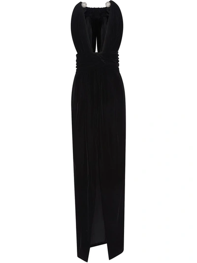 Shop Oscar De La Renta Plunging Neck Crystal-embellished Gown In Black
