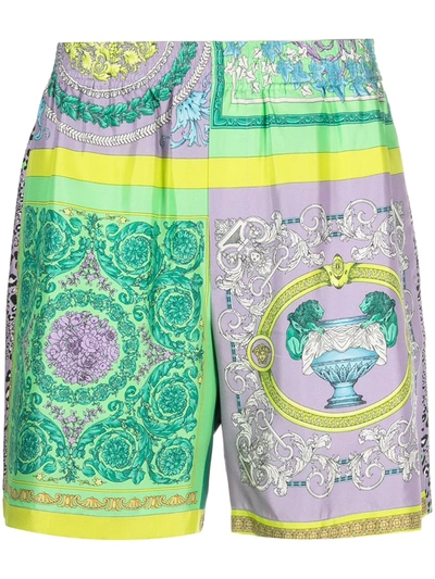 Shop Versace Print-mix Silk Shorts In Green