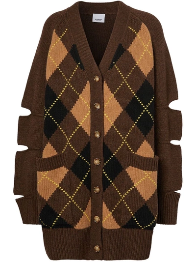 Shop Burberry Cut-out Detail Argyle Check Cardigan In Brown
