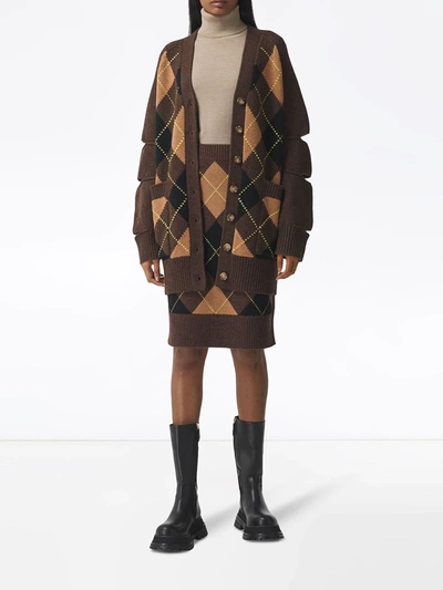 Shop Burberry Cut-out Detail Argyle Check Cardigan In Brown