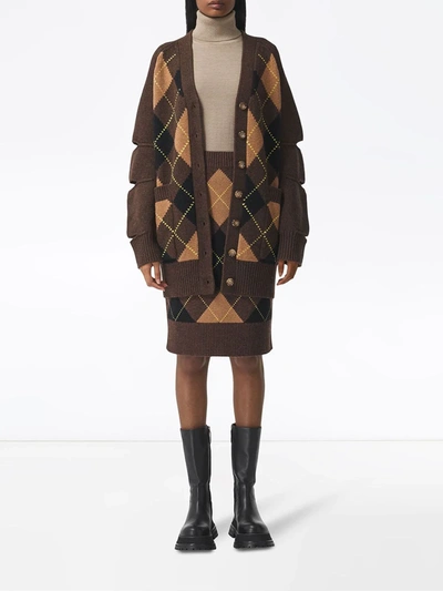 Shop Burberry Cut-out Detail Argyle Check Cardigan In Brown