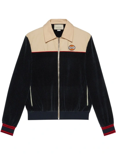 Shop Gucci Logo-patch Panelled Zip Jacket In Blue