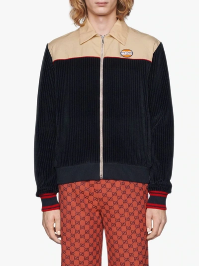 Shop Gucci Logo-patch Panelled Zip Jacket In Blue