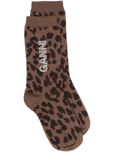 Shop Ganni Leopard-pattern Logo Socks In Brown