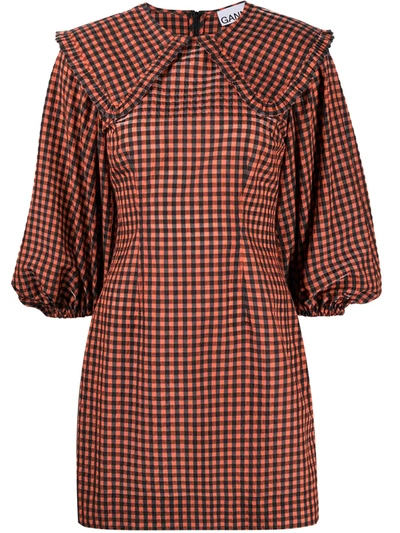Ganni Black & Orange Seersucker Check Collar Mini Dress In Orange
