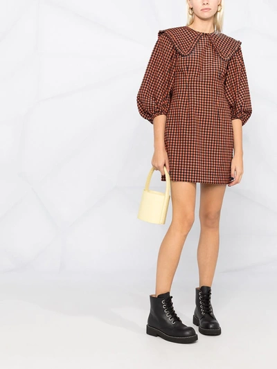 Ganni Black & Orange Seersucker Check Collar Mini Dress In Orange