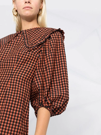 Ganni Black & Orange Seersucker Check Collar Mini Dress In Orange