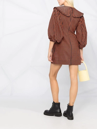 Ganni Black & Orange Seersucker Check Collar Mini Dress In Orange
