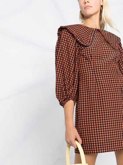 Ganni Black & Orange Seersucker Check Collar Mini Dress In Orange