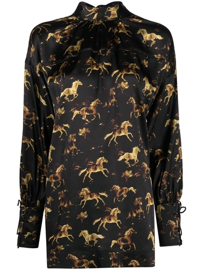Ganni Horse Print Silk Stretch Satin Mini Shirtdress In Black ModeSens