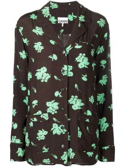 Shop Ganni Floral-print Long-sleeve Shirt In Brown