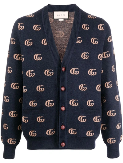 Shop Gucci Intarsia Gg Logo Cardigan In Blue