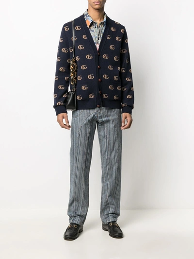 Shop Gucci Intarsia Gg Logo Cardigan In Blue