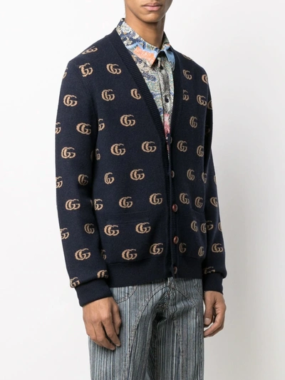 Shop Gucci Intarsia Gg Logo Cardigan In Blue