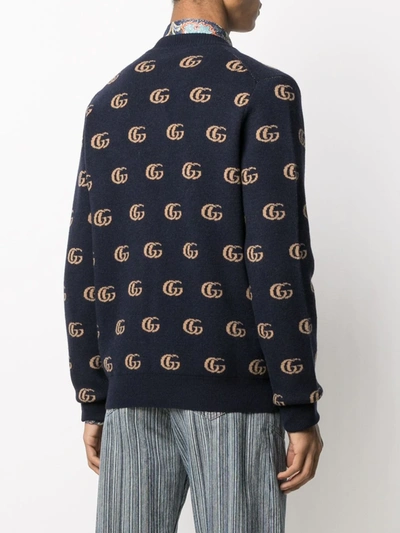 Shop Gucci Intarsia Gg Logo Cardigan In Blue