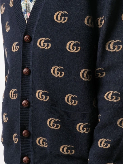 Shop Gucci Intarsia Gg Logo Cardigan In Blue