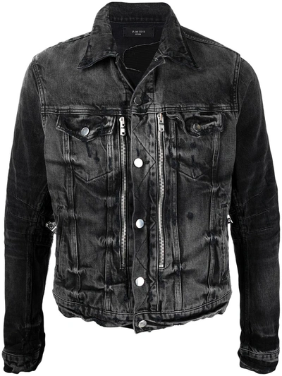 Shop Amiri Distressed-effect Bandana-detail Denim Jacket In Black