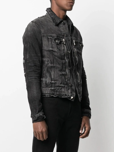 Shop Amiri Distressed-effect Bandana-detail Denim Jacket In Black