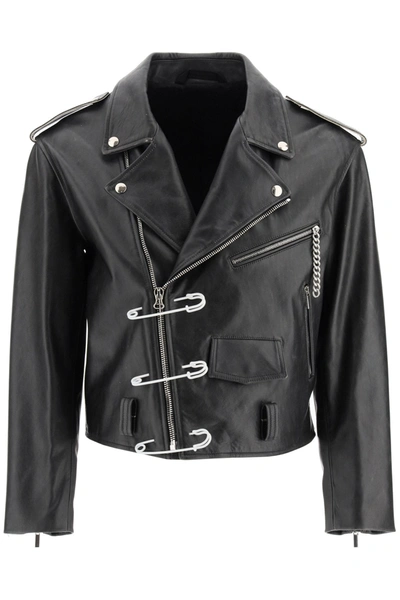 Shop Raf Simons Biker Jacket With Safety Pin In Black (black)