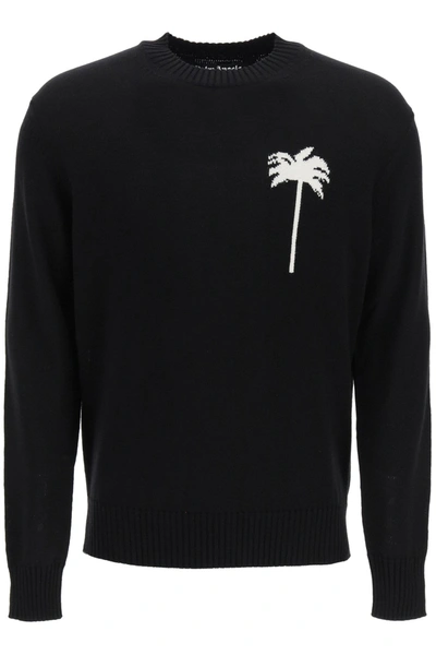 Shop Palm Angels Wool Sweater With Palms In Black White (black)