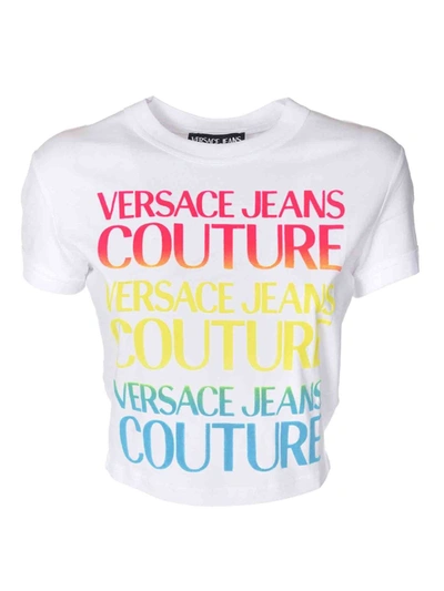 Shop Versace Jeans Couture Pink Yellow And Blue Logo Print T-shirt In Wh In White