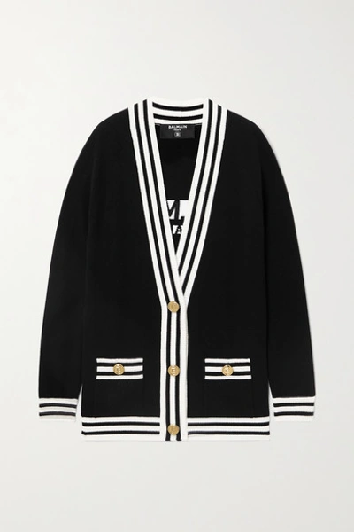 Shop Balmain Two-tone Intarsia Wool-blend Cardigan In Black