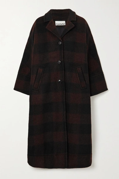 Shop Ganni Checked Wool-blend Coat In Black