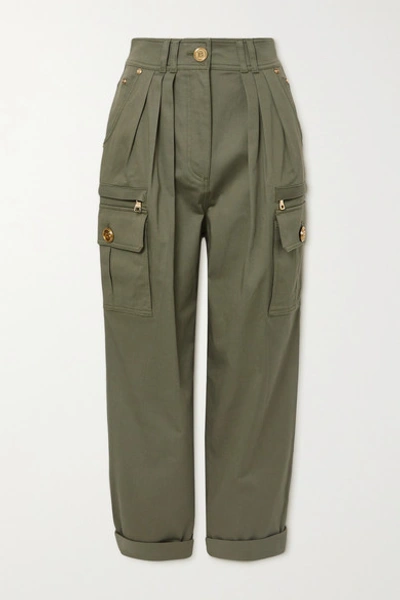Shop Balmain Pleated Cotton-blend Twill Cargo Pants In Army Green