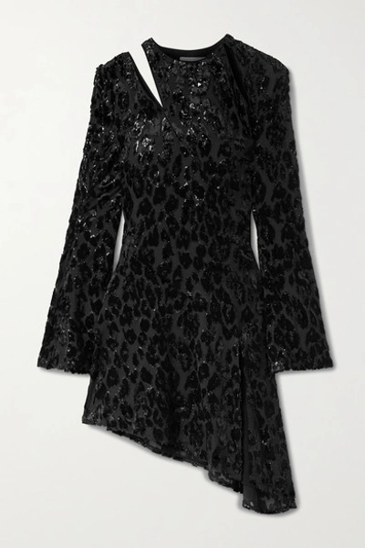 Shop 16arlington Ursinia Asymmetric Cutout Metallic Fil Coupé Chiffon Mini Dress In Black
