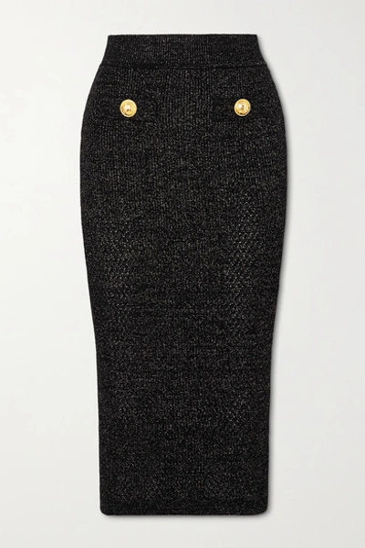 Shop Balmain Button-embellished Metallic Ribbed-knit Midi Skirt In Black