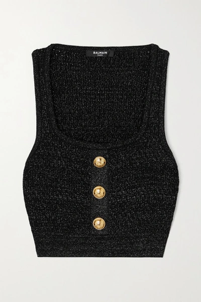 Shop Balmain Cropped Button-embellished Metallic Ribbed-knit Top In Black