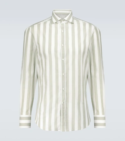 Shop Brunello Cucinelli Striped Long-sleeved Shirt In Green